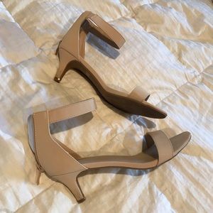 Nude open toe pump heels